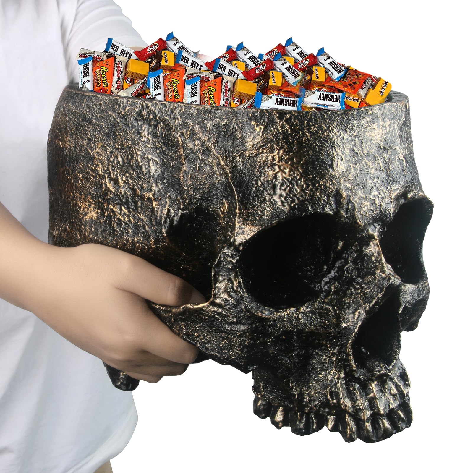 Halloween Skull Candy Dish- Deep Skull Head Halloween Candy Bowl Holder Artificial Resin Skulls Decor Indoor Outdoor Table Centerpieces Flower Pot Plant Office Pen Holder Desktop Ornaments - Bronze